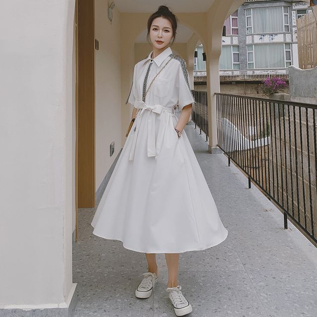 Tzarkozy - Elbow-Sleeve Tie-Waist Midi Shirt Dress | YesStyle