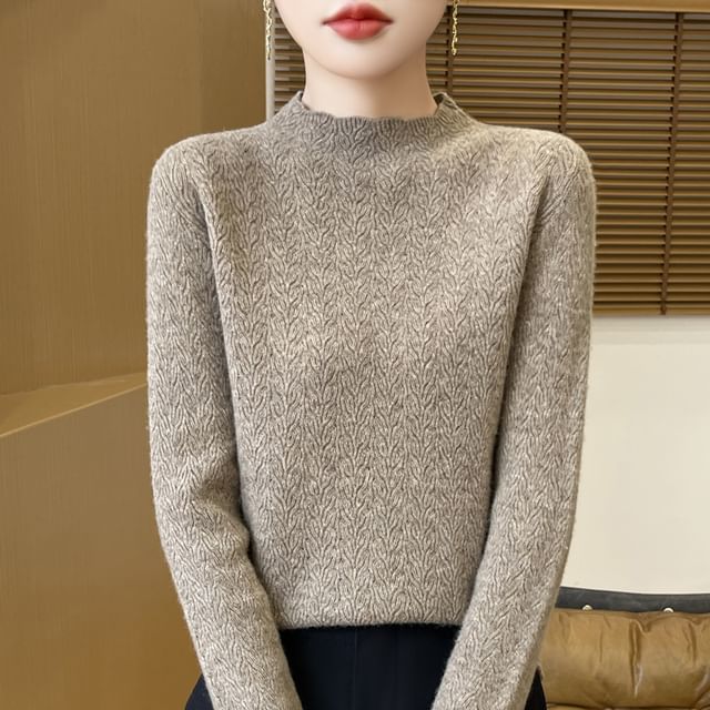 Weelop-Mock Neck Plain Pointelle Embossed Knitted Sweater