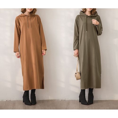 Long Sleeve Hooded Plain Midi Shift Dress