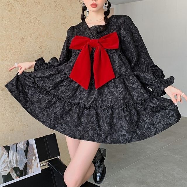 Damako-Long-Sleeve Bow Accent Tiered Mini Babydoll Dress