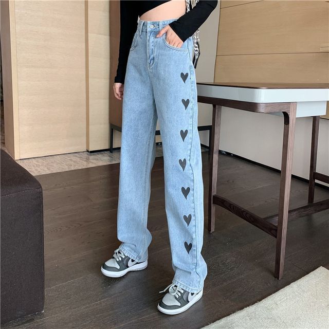 Heart Embroidered Wide-Leg Jeans | YesStyle