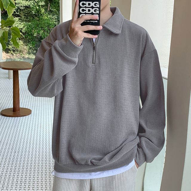 Mimiyox-Collar Half-Zip Plain Sweatshirt