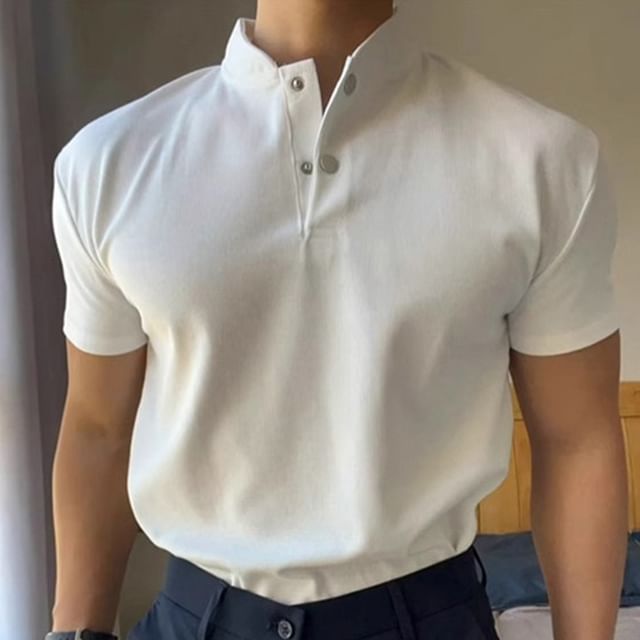 GRAYCIOUS-Short-Sleeve Mock Neck Henley Plain Top