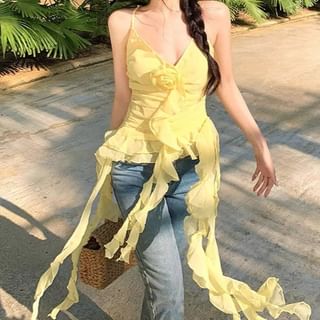 Trendycas-Spaghetti Strap V-Neck Plain Ruffle Trim Camisole Top