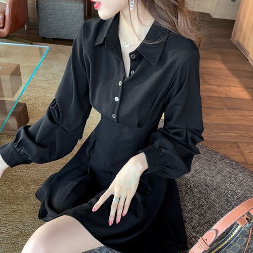 Puff Sleeve Button Down Mini Shirt Dress Black
