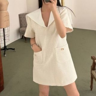 Coris - Short-Sleeve Sailor Collar Tweed Mini Shift Dress | YesStyle