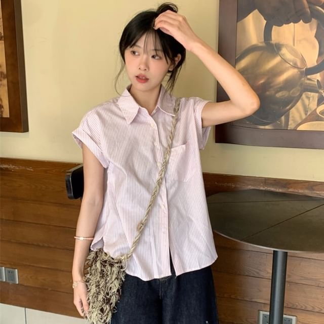 ANORA-Short-Sleeve Collared Striped Shirt