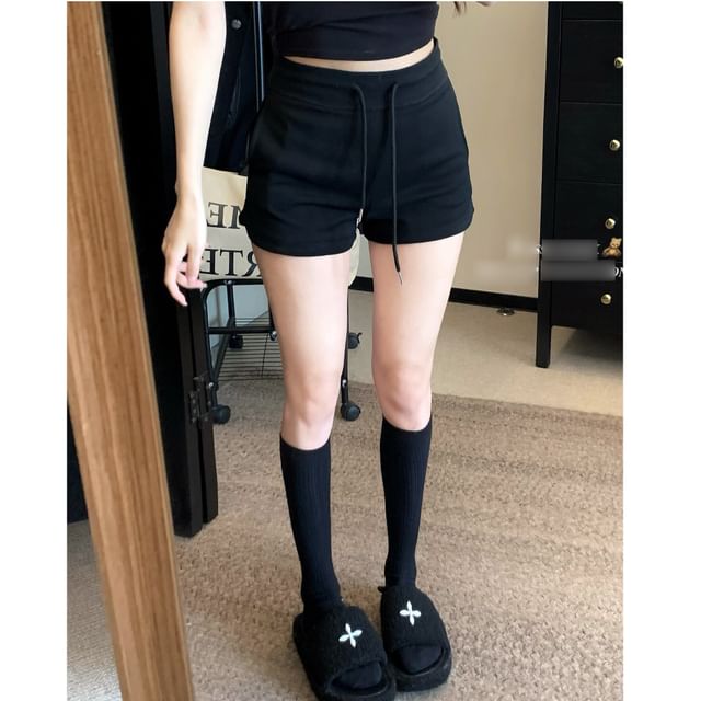 Duwnie-Drawstring Waist Plain Hot Pants