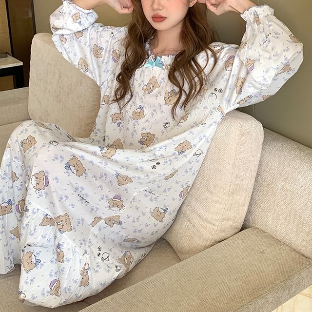 Long-Sleeve Print Pajama Dress