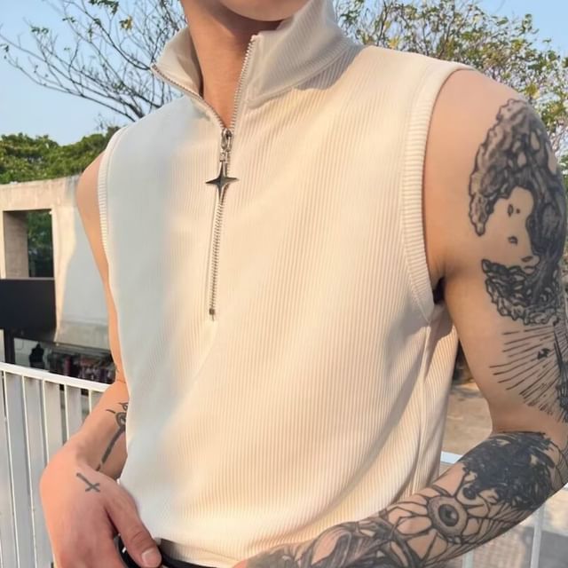 GRAYCIOUS-Sleeveless Half Zip Plain Top