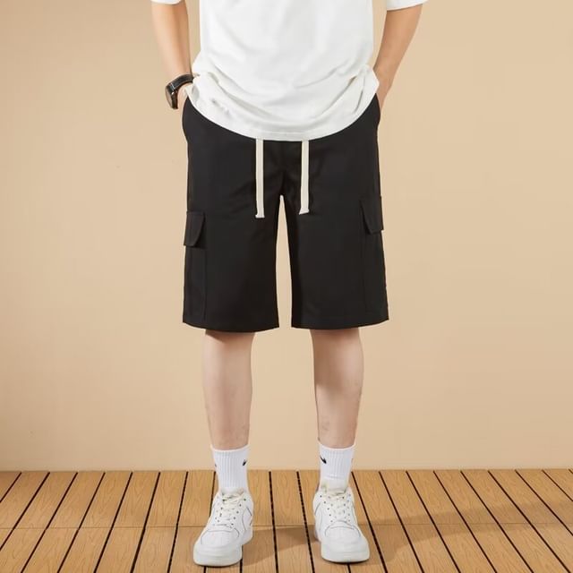 Antaeus-Drawstring Waist Plain Cargo Shorts