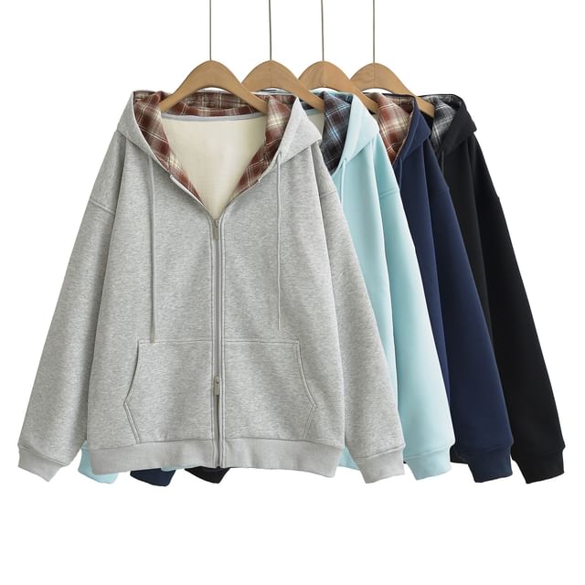 Asiris-Plaid Lining Fleece-Lined Zip Hoodie