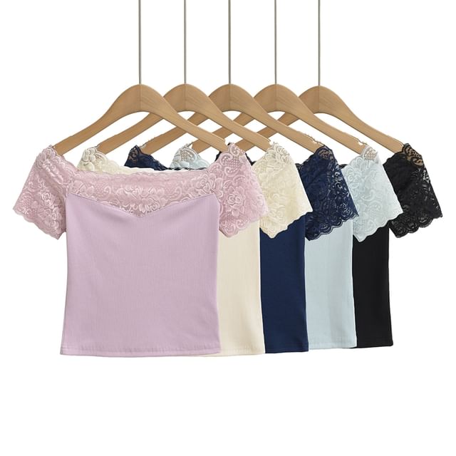 Ulark-Short Sleeve Square Neck Plain Lace Panel Crop Top