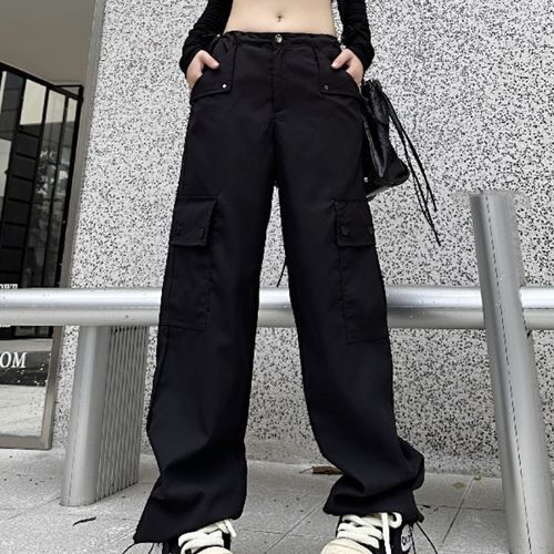 Nokiwiqis Women Casual Cargo Pants, Solid Color Zipper Trousers