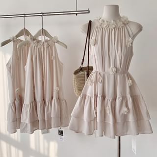 Dute Halter Plain Flower Detail Ruffle Mini Sundress Sale