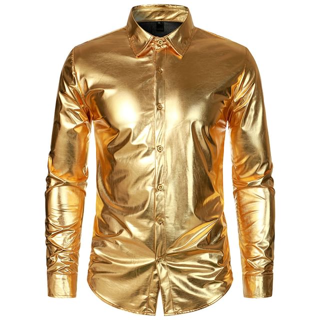 YIKES-Long Sleeve Lapel Neck Glitter Shirt