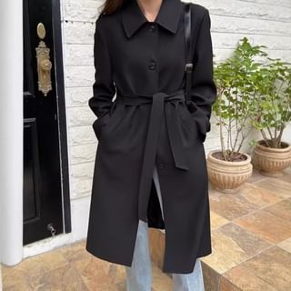 Bakli Collared Plain Button-Up Long Trench Coat Sale