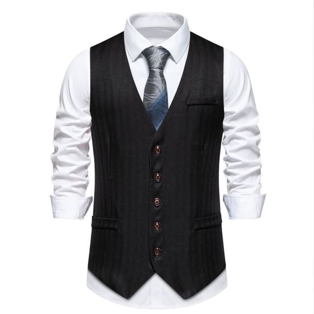 Aozora-V-Neck Striped Single Breasted Vest