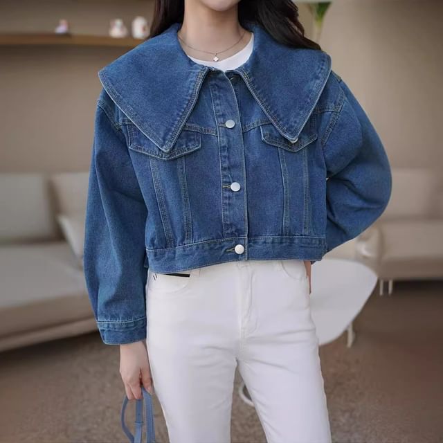 Jesong-Collared Denim Button-Up Jacket