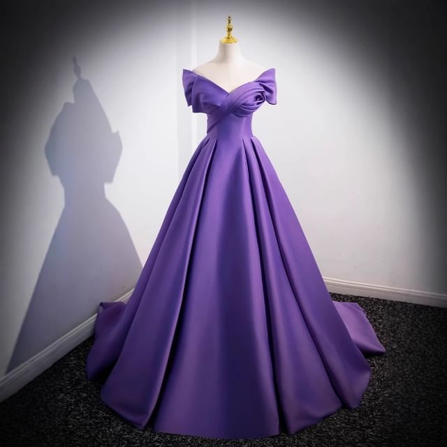 Lexama-Off Shoulder V-Neck Plain Wrap A-Line Evening Gown