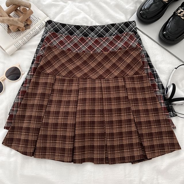 DIYI-High Waist Plaid Mini Pleated Skirt