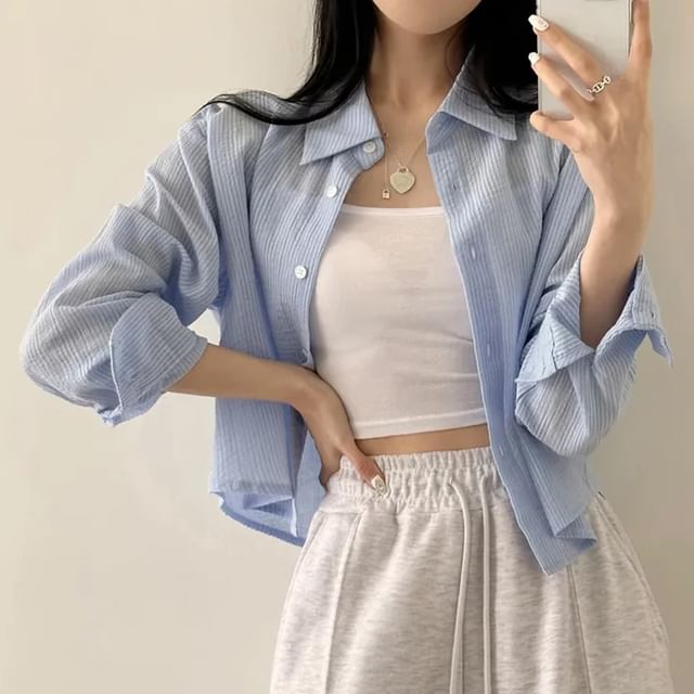 Janerium-Long Sleeve Collared Striped Button Up Crop Shirt
