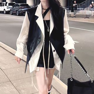 Trendjane Notch Lapel Drawstring Oversized Blazer / Faux Leather Double-Breasted Vest