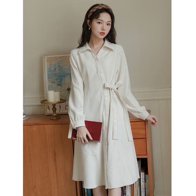 knee length dresses for ladies Black Collared Button Down Tie Waist Midi Shirt Dress *FINAL SALE* – SSYS main image 1