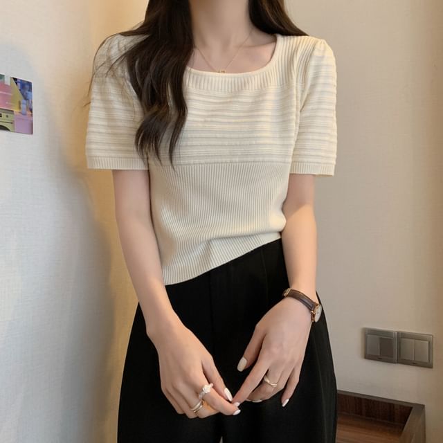 Dragan Pulse-Short Sleeve Square Neck Plain Ribbed Knit Top