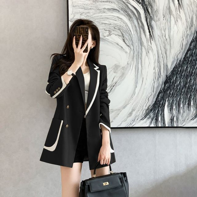 Sienne-Plain Contrast Trim Double-Breasted Blazer
