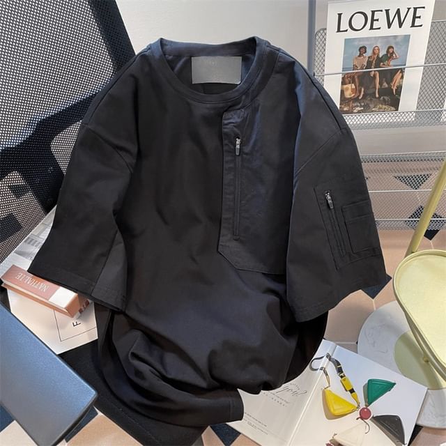 fluffush-Short Sleeve Round Neck Plain Panel Cargo T-Shirt
