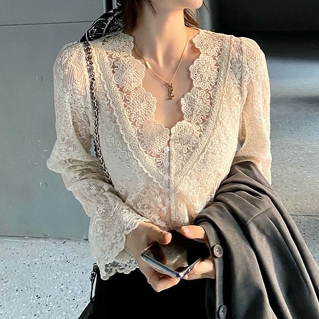 Essere-Long-Sleeve V-Neck Plain Button-Up Lace Crop Blouse