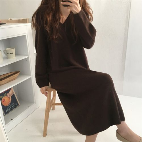 Long-Sleeve V-Neck Midi Sweater Dress, Regular