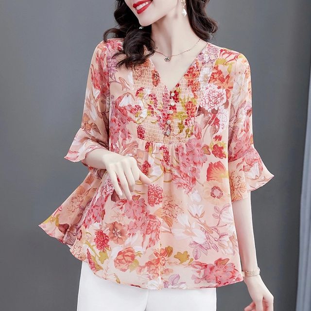 Jeonseon - Elbow-Sleeve Floral Print Chiffon Blouse | YesStyle