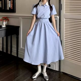 aistera Set Short-Sleeve Contrast Collar Striped Shirt + High Waist Midi A-Line Skirt