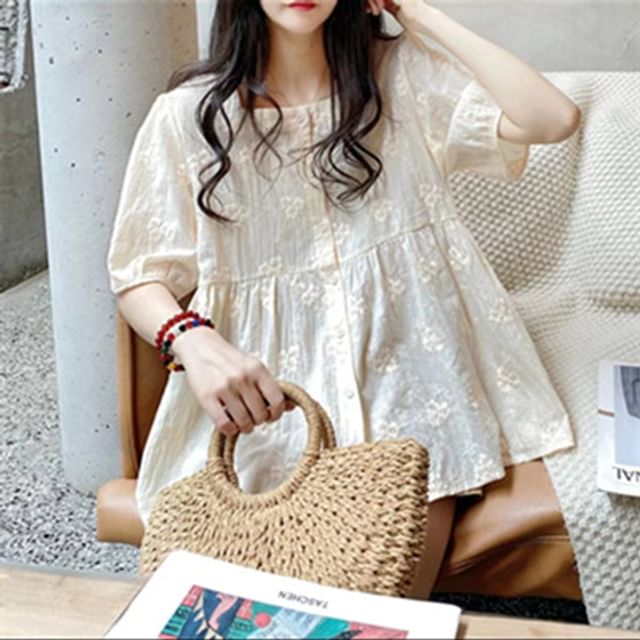 GOUB-Elbow-Sleeve Square Neck Plain Embroidered Button-Up Blouse