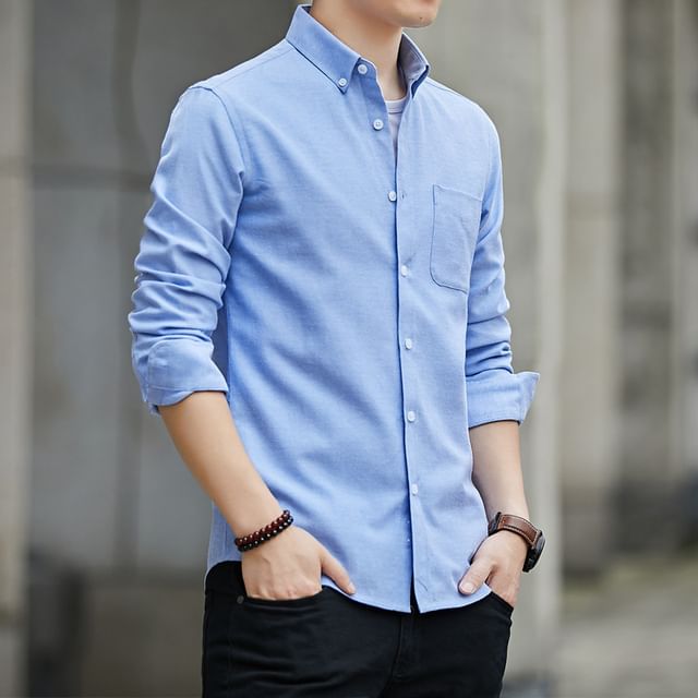 Acrius-Long-Sleeve Plain Pocket Detail Shirt