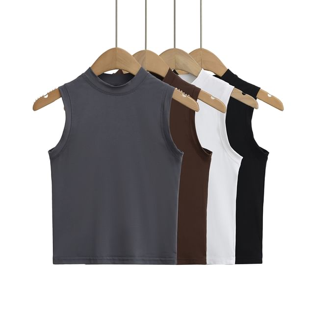 Ulark-Mock Neck Plain Crop Slim Fit Tank Top