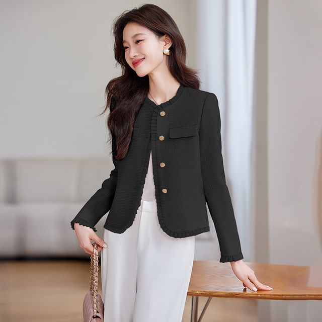 Skyheart-Crew Neck Frill Trim Button-Up Plain Jacket