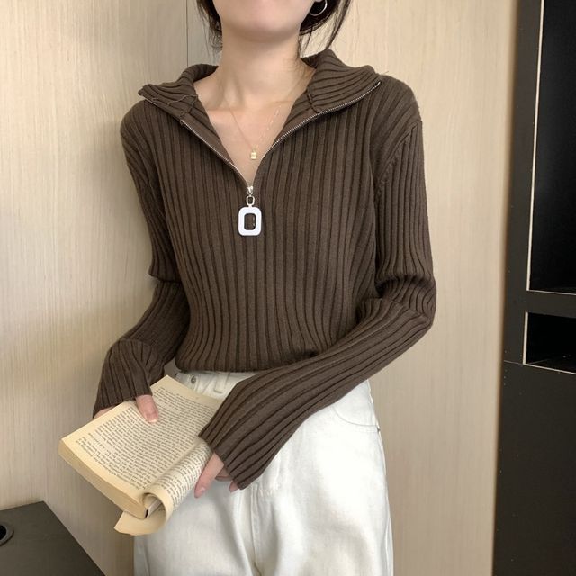 Shinsei-Turtleneck Half-Zip Plain Sweater