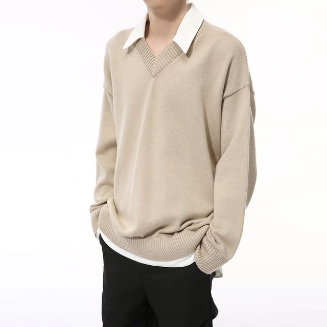 FAERIS-Long-Sleeve Two Tone Knit Polo Top