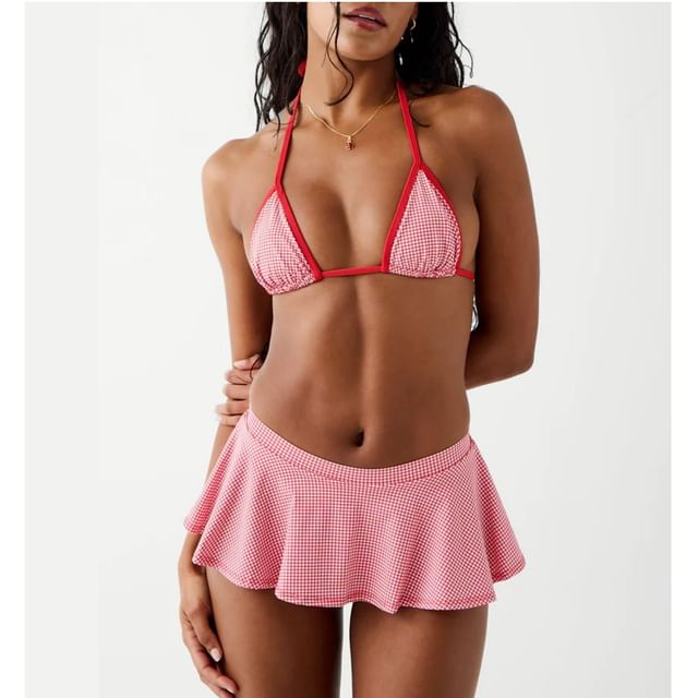 Komorkowe-Halter-Neck Gingham Bikini Set