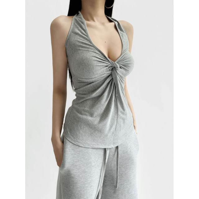 Asiris-Halter Plain Knot Open Back Tank Top