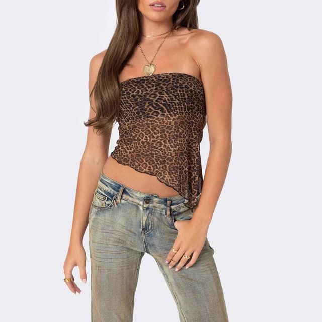 Bolgivy-Strapless Leopard Print Asymmetrical Crop Top