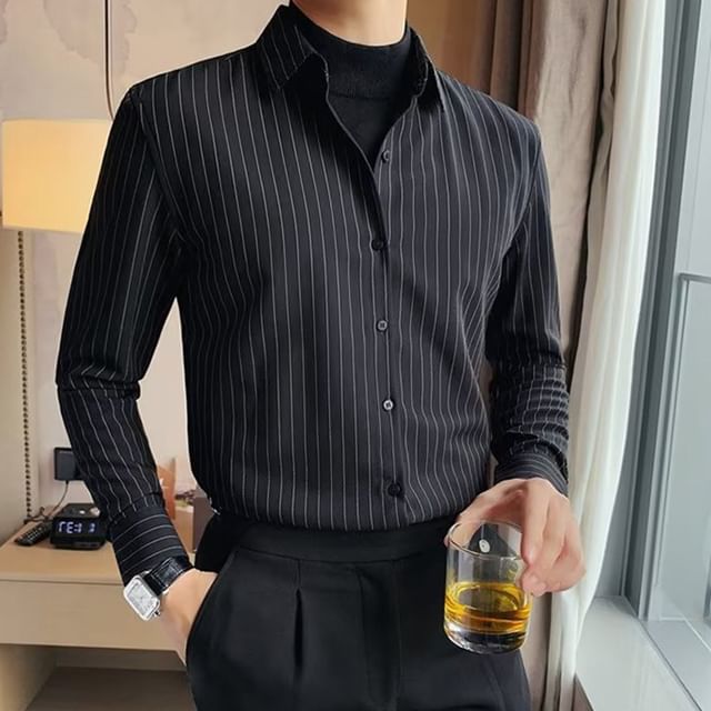 GRAYCIOUS-Mock Two-Piece Long-Sleeve Striped Shirt