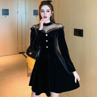 Westside Story - Long-Sleeve Dotted Mesh Panel Mini A-Line Velvet Dress |  YesStyle