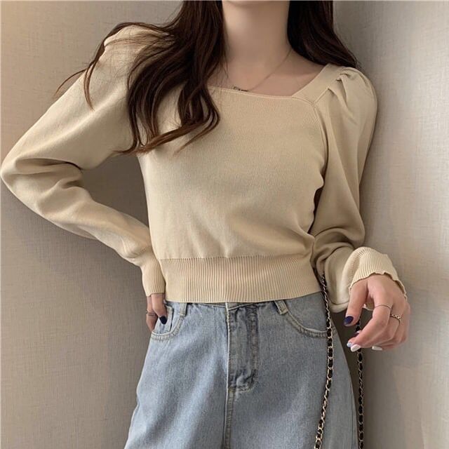Sisyphi-Puff-Sleeve Square-Neck Plain Knit Top