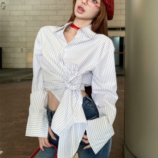 Magma-Long-Sleeve Striped Crop Shirt