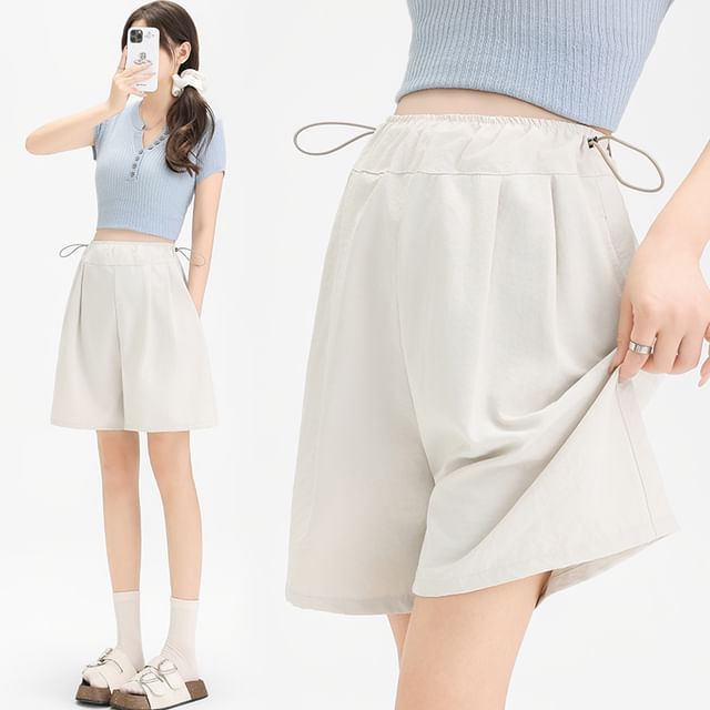 NEUF-Maternity Drawstring Waist Plain Wide Leg Shorts