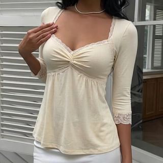 Elbow Sleeve Sweetheart Neckline Lace Trim Slim-Fit Top